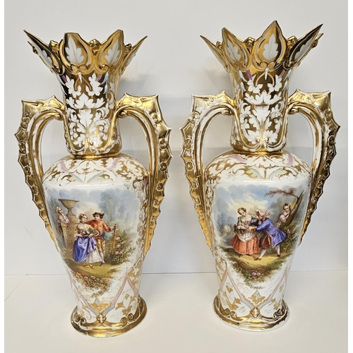 33 - Pair of 19thC Fine French Paris vases painted with courting regency couples, Heavily gilded with fla... 