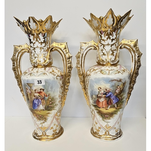 33 - Pair of 19thC Fine French Paris vases painted with courting regency couples, Heavily gilded with fla... 