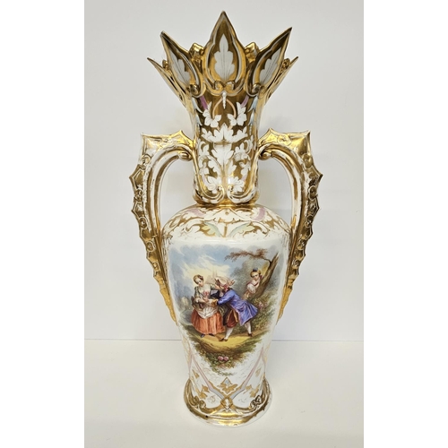 33 - Pair of 19thC Fine French Paris vases painted with courting regency couples, Heavily gilded with fla... 