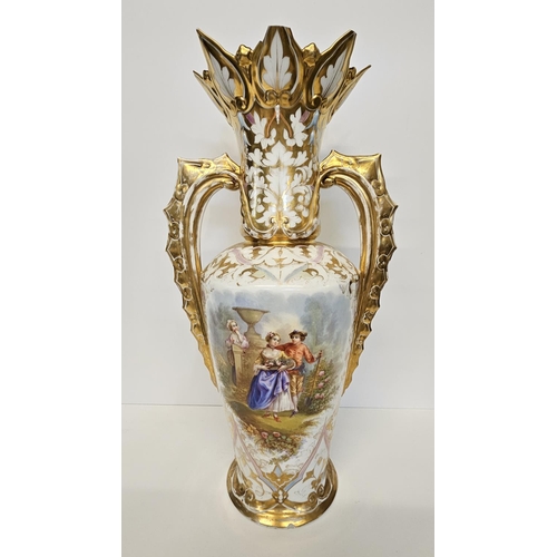 33 - Pair of 19thC Fine French Paris vases painted with courting regency couples, Heavily gilded with fla... 