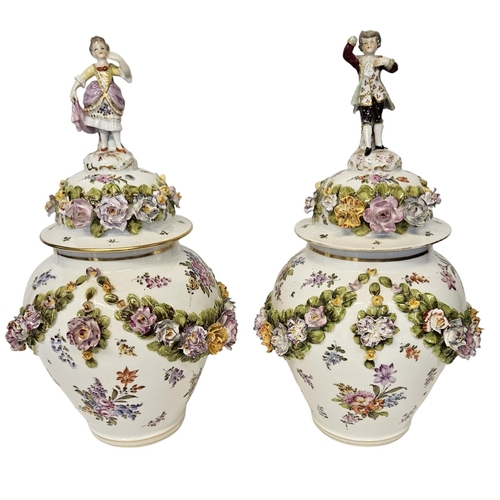 37 - Pair of Fine Dresden Flower encrusted lidded jars with Regency figure finials decorated with hand pa... 