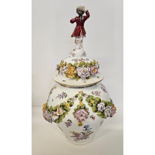 37 - Pair of Fine Dresden Flower encrusted lidded jars with Regency figure finials decorated with hand pa... 