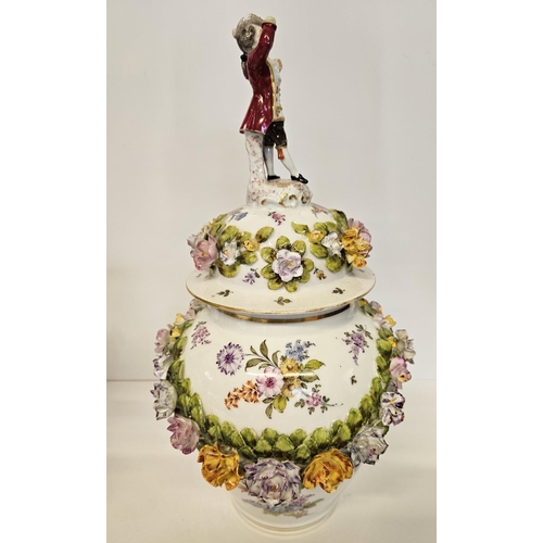 37 - Pair of Fine Dresden Flower encrusted lidded jars with Regency figure finials decorated with hand pa... 