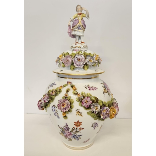 37 - Pair of Fine Dresden Flower encrusted lidded jars with Regency figure finials decorated with hand pa... 