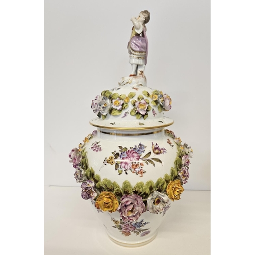 37 - Pair of Fine Dresden Flower encrusted lidded jars with Regency figure finials decorated with hand pa... 