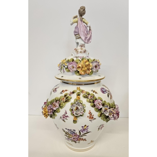 37 - Pair of Fine Dresden Flower encrusted lidded jars with Regency figure finials decorated with hand pa... 