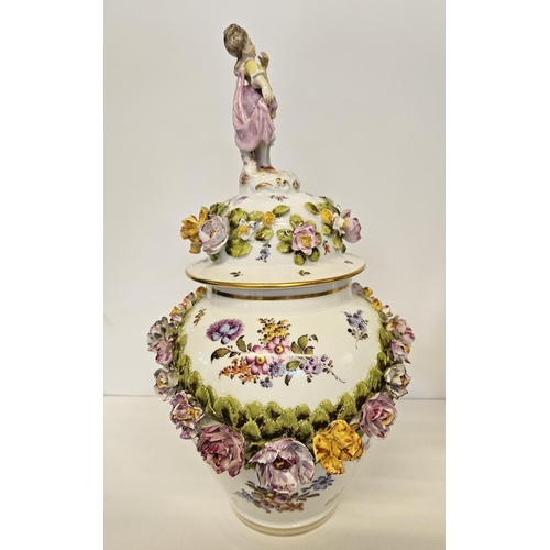 37 - Pair of Fine Dresden Flower encrusted lidded jars with Regency figure finials decorated with hand pa... 