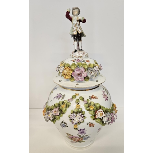 37 - Pair of Fine Dresden Flower encrusted lidded jars with Regency figure finials decorated with hand pa... 