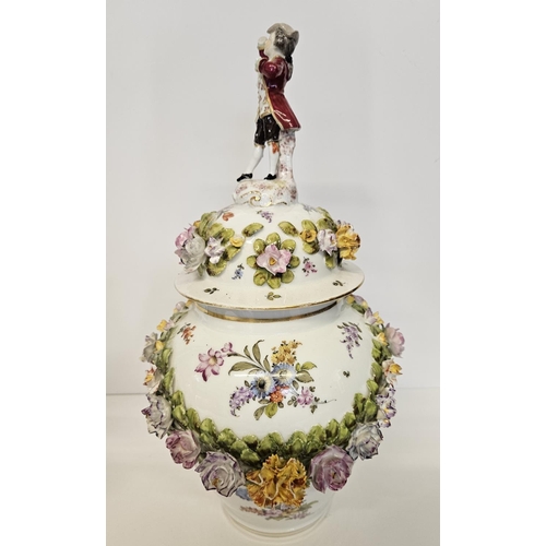 37 - Pair of Fine Dresden Flower encrusted lidded jars with Regency figure finials decorated with hand pa... 