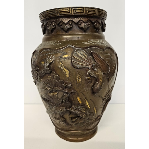 51 - Pair of Japanese Meiji period Bronze parcel glit high relief vases decorated with Storks and rocky o... 