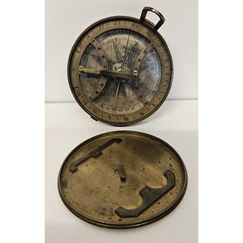 69 - Late 18thC Equinoctial sundial clock in turned and engraved brass. 76mm in Diameter