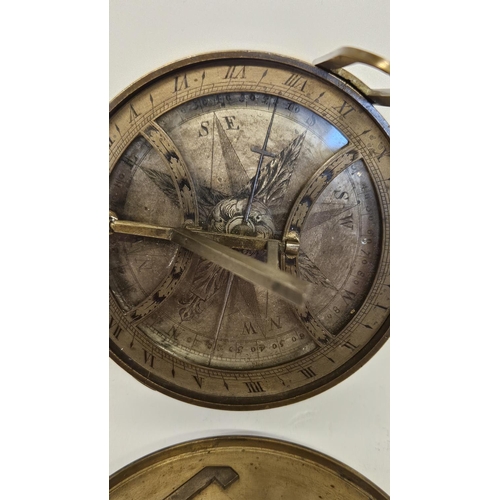 69 - Late 18thC Equinoctial sundial clock in turned and engraved brass. 76mm in Diameter