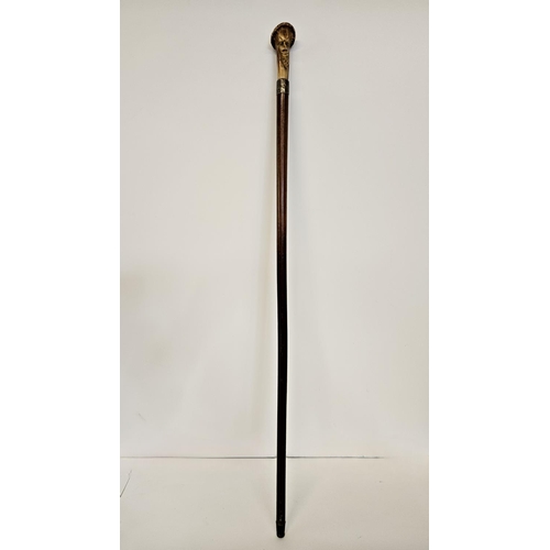 78 - 19thC Antler topped walking Cane with carved bearded face over Silver Collar and tapering fruitwood ... 