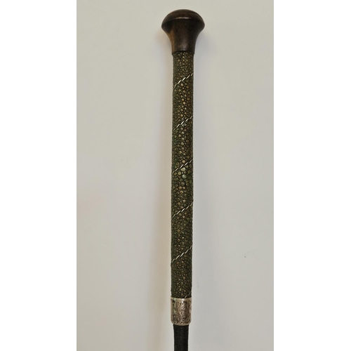 79 - Antique Riding Crop with Shagreen handle with silver Collar marked W H V Sterling Silver, turned Fru... 