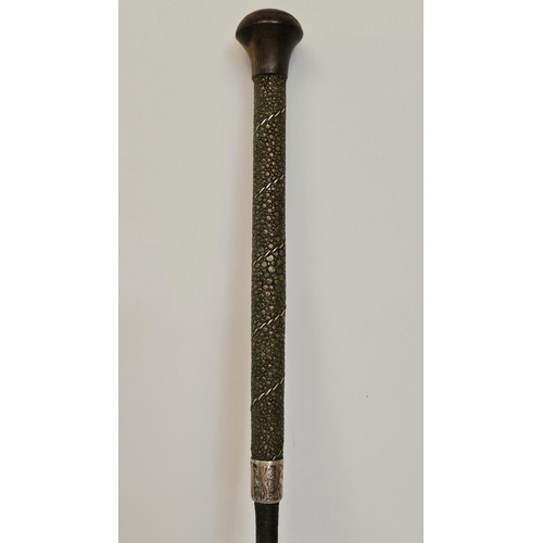 79 - Antique Riding Crop with Shagreen handle with silver Collar marked W H V Sterling Silver, turned Fru... 