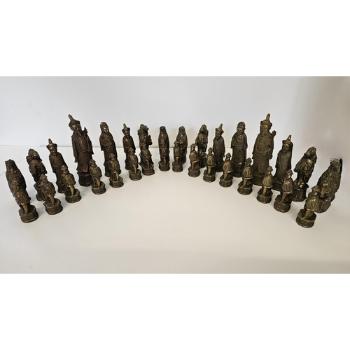 93 - Good Quality Bronze/Brass Chinese design Chess set of Heavy Cast Construction. King 140mm & Pawn 70m... 