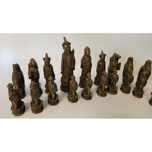 93 - Good Quality Bronze/Brass Chinese design Chess set of Heavy Cast Construction. King 140mm & Pawn 70m... 