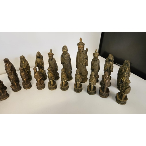 93 - Good Quality Bronze/Brass Chinese design Chess set of Heavy Cast Construction. King 140mm & Pawn 70m... 