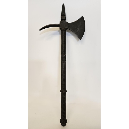 97 - Medieval Ottoman style cast iron war axe with eastern script and figural motif to axe head. 55cm in ... 