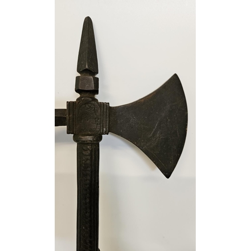 97 - Medieval Ottoman style cast iron war axe with eastern script and figural motif to axe head. 55cm in ... 