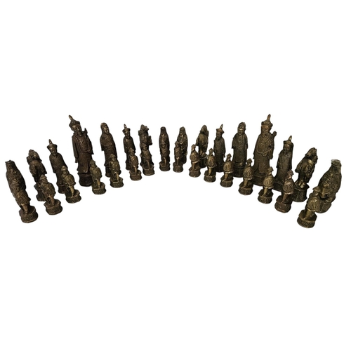 93 - Good Quality Bronze/Brass Chinese design Chess set of Heavy Cast Construction. King 140mm & Pawn 70m... 