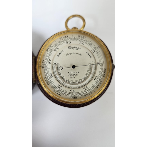 70 - High Quality Victorian English pocket Compensated barometer by J Hicks of London marked 9687 in Leat... 