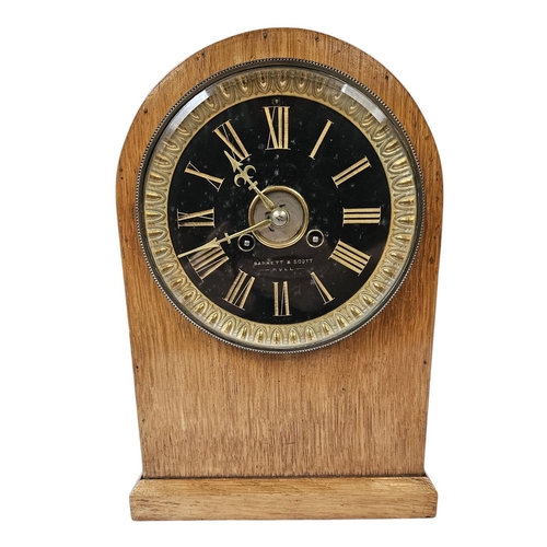 104 - Barnett & Scott of Hull Oak Cased mantel clock with gilded roman numeral dial and glass front. 31cm ... 