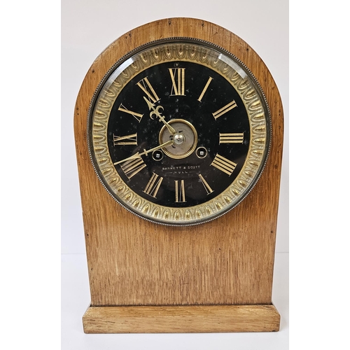 104 - Barnett & Scott of Hull Oak Cased mantel clock with gilded roman numeral dial and glass front. 31cm ... 