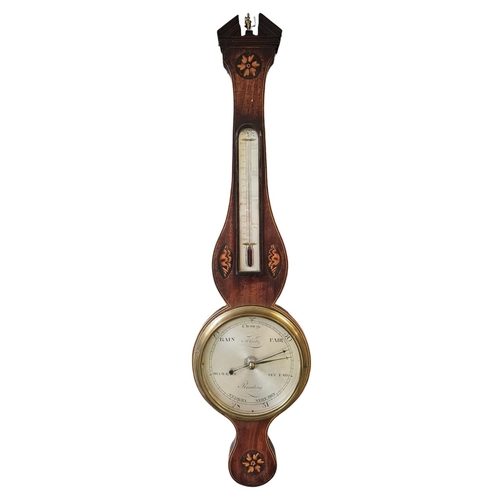 104B - A 19thC Anthony Gatty mahogany and marquetry wheel barometer, with silvered dials, the 8.5inch main ... 