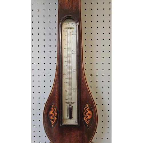 104B - A 19thC Anthony Gatty mahogany and marquetry wheel barometer, with silvered dials, the 8.5inch main ... 