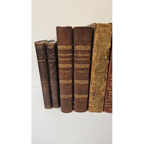 120 - Collection of Leatherbound Antiquarian books to include Ruskin Stones of Venice 1885 Vol 1 & 2, Mich... 