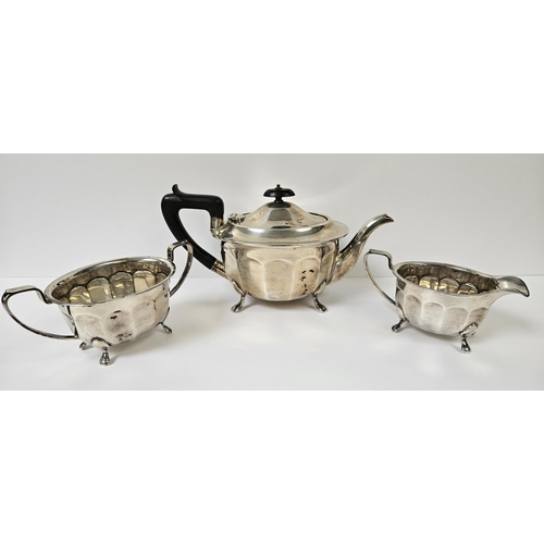 180 - Mid 20thC Silver 3 Piece Tea set with Ebony handle and knop supported on paw feet, Sheffield 1946. 9... 