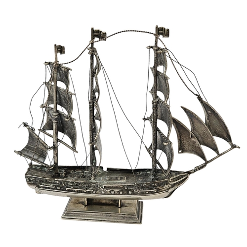 183 - Antique Silver Dutch 3 Mast Ship with detail to Sails, bow and Stern. 164g total weight. 15cm in Len... 