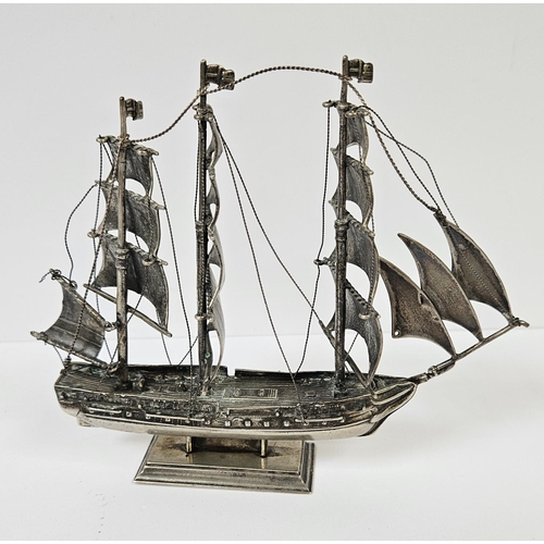 183 - Antique Silver Dutch 3 Mast Ship with detail to Sails, bow and Stern. 164g total weight. 15cm in Len... 