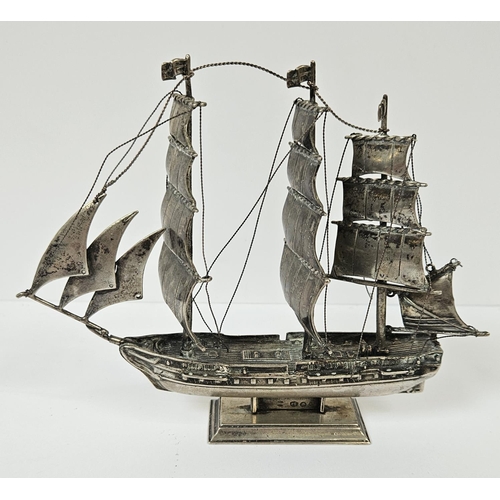 183 - Antique Silver Dutch 3 Mast Ship with detail to Sails, bow and Stern. 164g total weight. 15cm in Len... 