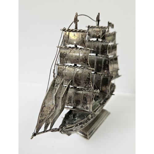 183 - Antique Silver Dutch 3 Mast Ship with detail to Sails, bow and Stern. 164g total weight. 15cm in Len... 