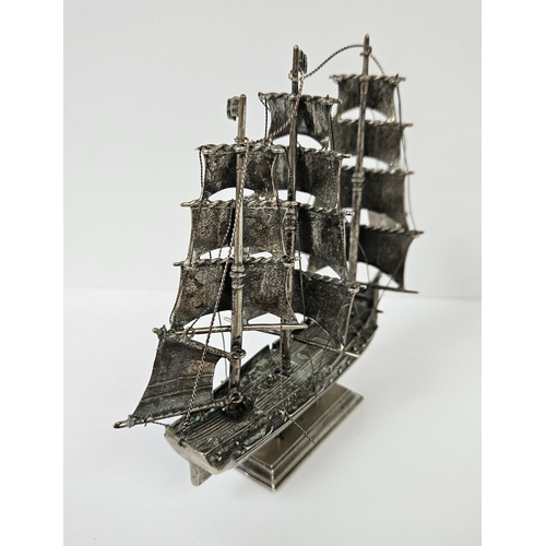 183 - Antique Silver Dutch 3 Mast Ship with detail to Sails, bow and Stern. 164g total weight. 15cm in Len... 