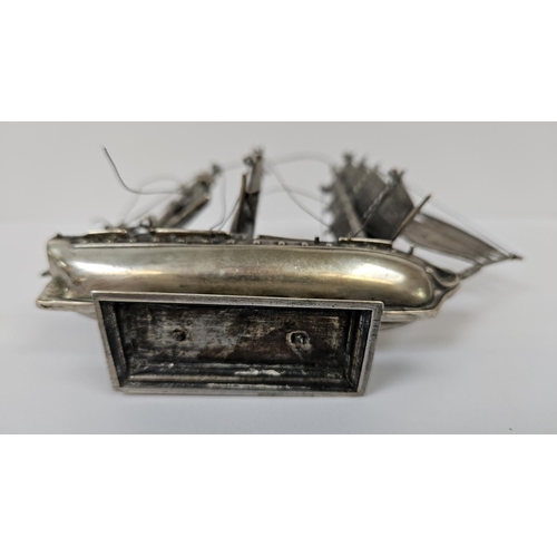 183 - Antique Silver Dutch 3 Mast Ship with detail to Sails, bow and Stern. 164g total weight. 15cm in Len... 