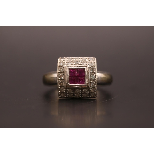 185 - 18ct White Gold Ladies Art Deco design Ruby and Diamond ring, 4 Square Cut Rubies surrounded by 26 M... 