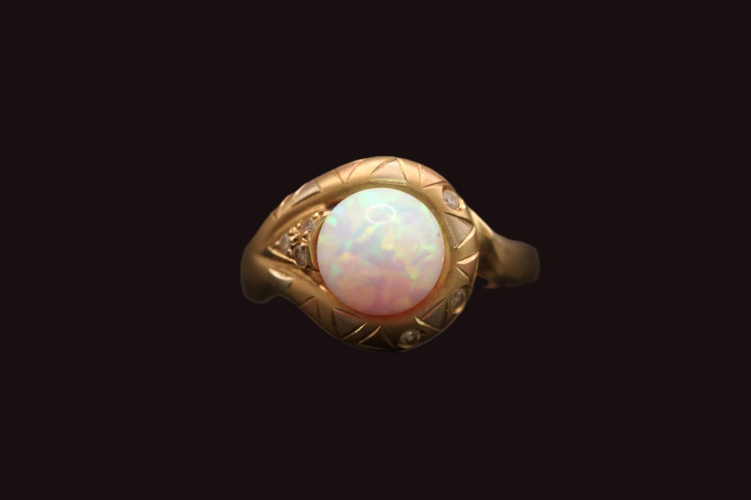 Elmali 14K Gold Snake design ring set with Spherical Opal 8mm. Size O