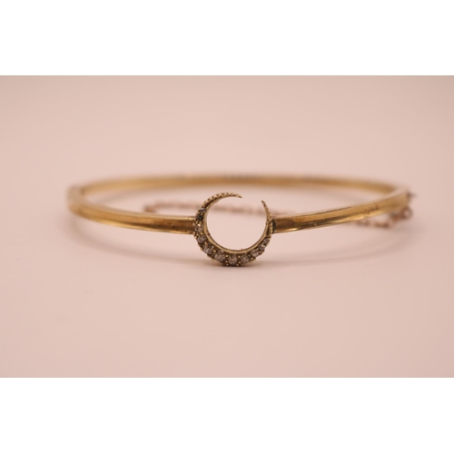 195 - 19thC Gold Bangle with Diamond Milgrain set Crescent applied. 57mm in Diameter. 6.6g total weight