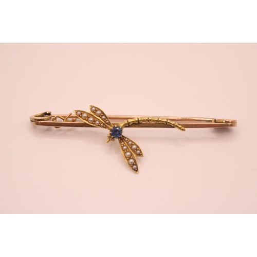 207 - Edwardian Gold Bar Brooch with applied Dragonfly decoration set with Circular facetted Sapphire and ... 