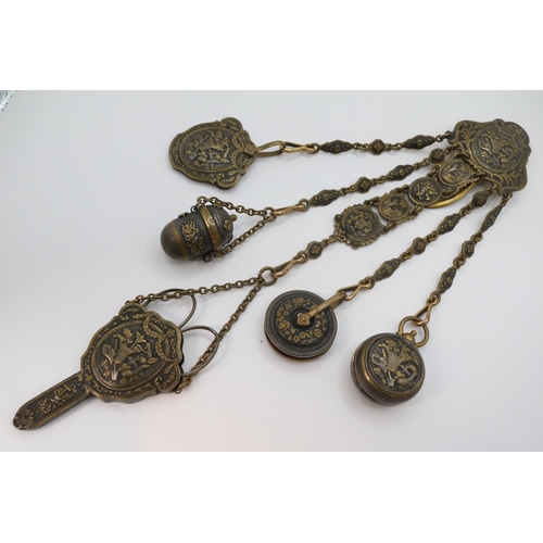 211 - European Gilt metal House keepers Chatelaine  of embossed Floral garlands and sprays, comprising of ... 