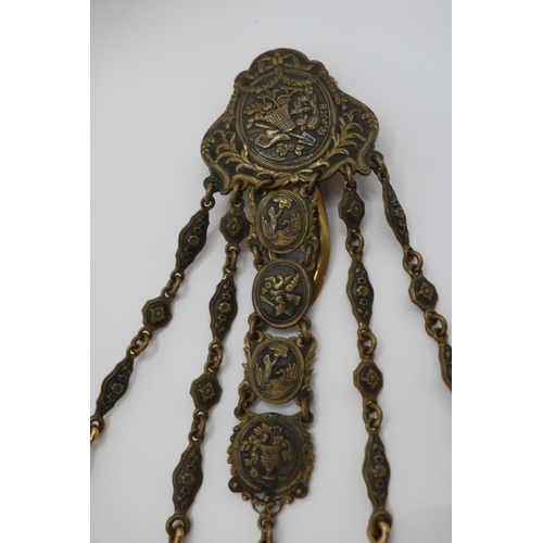 211 - European Gilt metal House keepers Chatelaine  of embossed Floral garlands and sprays, comprising of ... 