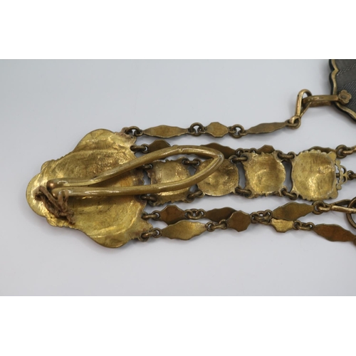 211 - European Gilt metal House keepers Chatelaine  of embossed Floral garlands and sprays, comprising of ... 