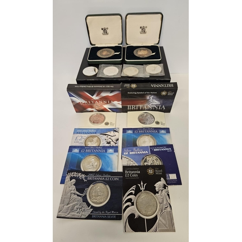 176 - Collection of 14 Silver Coins to include Twelve Silver Britannia Coins in packaging and 2 Cased Roya... 