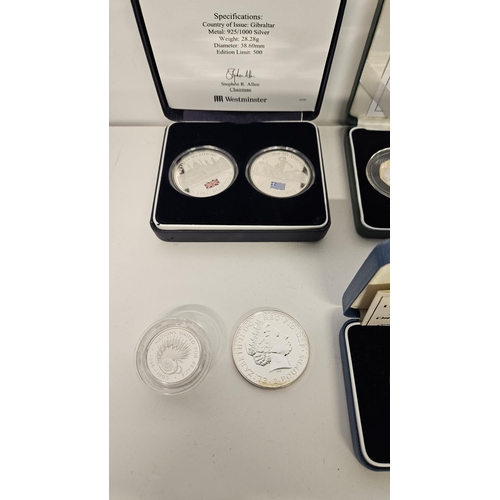 179 - British Silver Proof Coins to include 4 Silver Britannia's, Cased Gibraltar Limited edition coin set... 