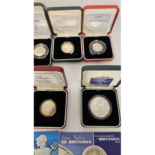 179 - British Silver Proof Coins to include 4 Silver Britannia's, Cased Gibraltar Limited edition coin set... 