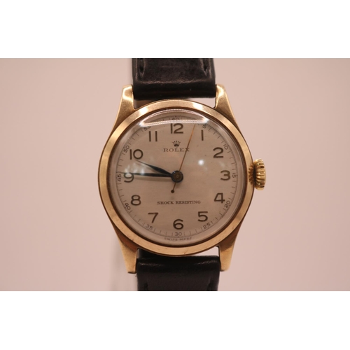 227 - Rolex 1950s 9ct Gold 30mm wristwatch with Silvered matte face, raised gold coloured numeral dial wit... 