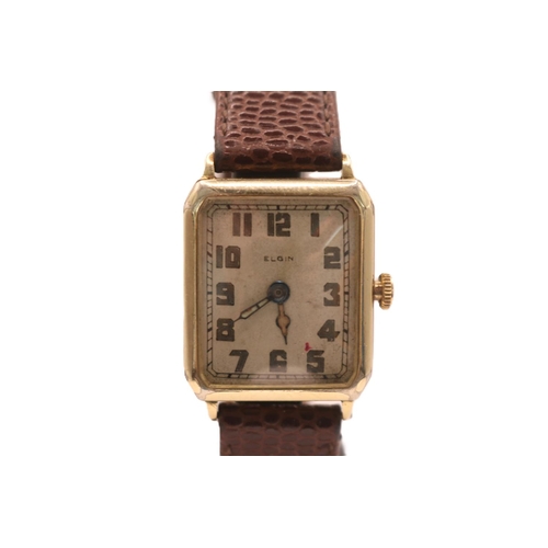 229 - Elgin of USA 1930s Tank 14K Gold Filled wristwatch with numeral dial and engraved case. 24mm Case.